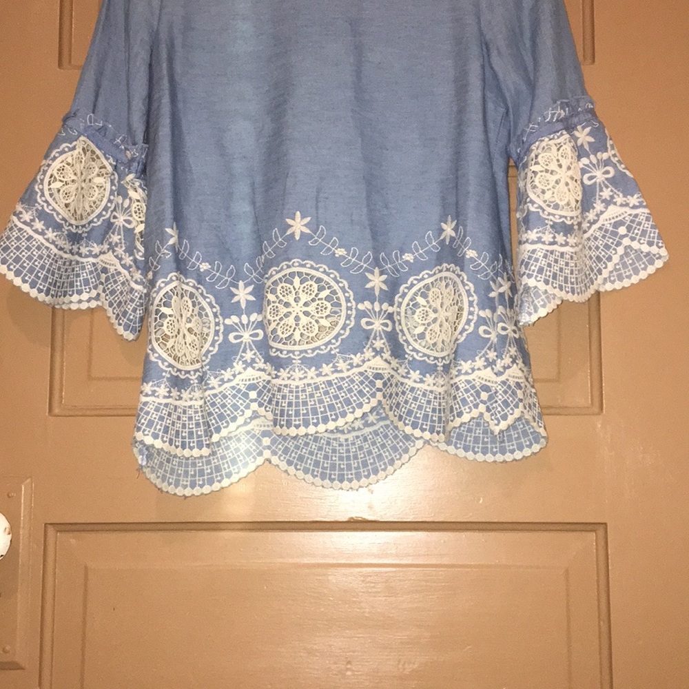 Light blue denim blouse with white crochet lace.